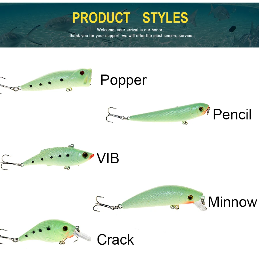 hot sale 5pcs/lot luminous glowing night fishing hard lure set popper crank VIB pencil minnow bait bass pesca | Спорт и развлечения