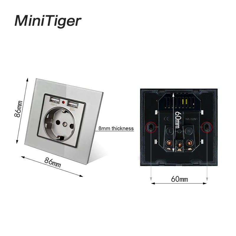 Minitiger Хрустальная стеклянная панель двойной usb порт для зарядки 2.1A 16A Россия Испания настенная розетка ЕС розетка белый/черный/золотой/серый