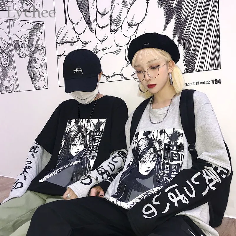 Женская футболка Lychee Harajuku с принтом японского темного аниме, 2 штуки, с круглым вырезом, с длинным рукавом, Повседневная Свободная Женская футболка, уличная одежда