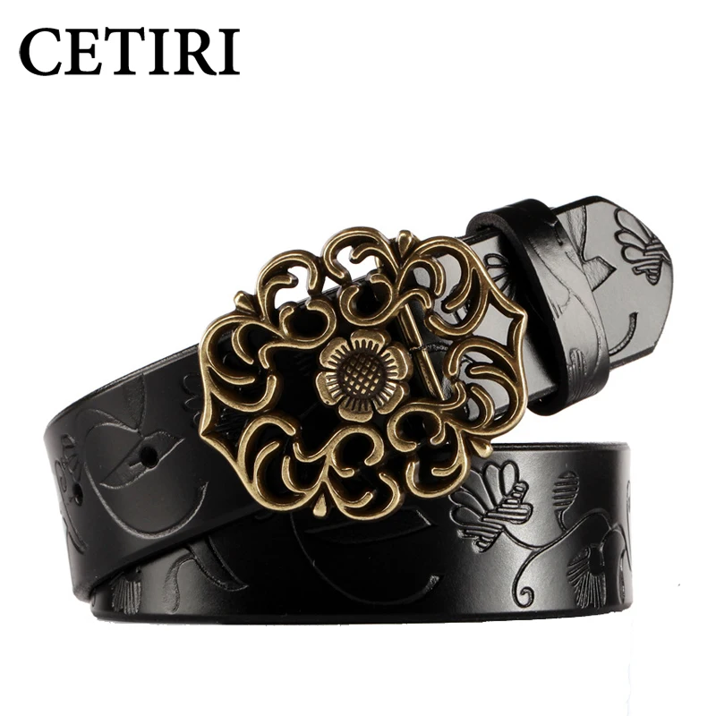 CETIRI high quality genuine leather belt brand luxury designer palace vintage Cowskin belts Floral Buckle Belts For Women