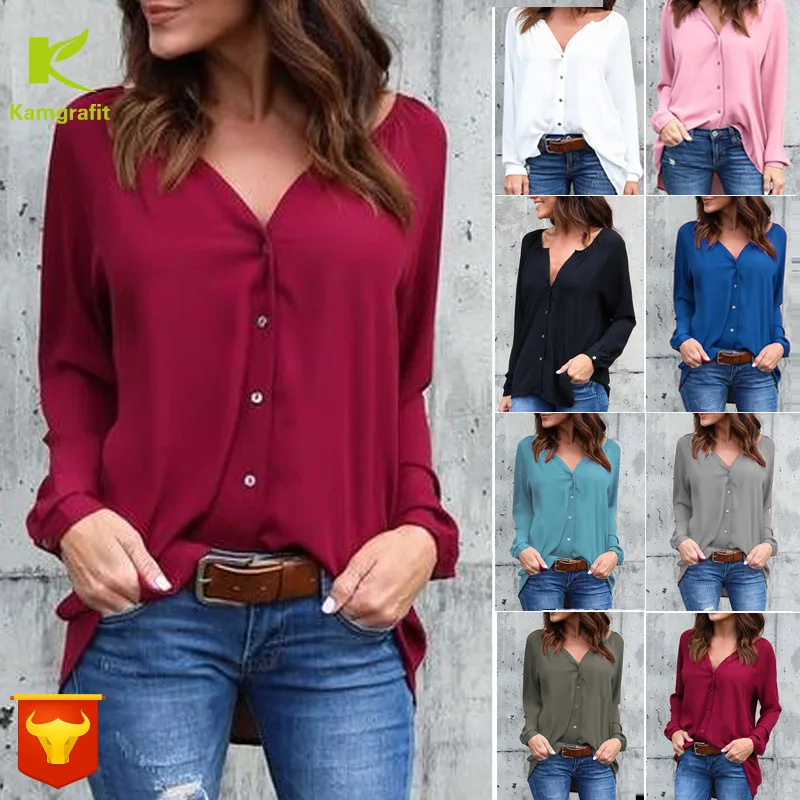 

Fall 2019 explosions V-collar pleated button long sleeve loose chiffon shirt 8color 8yard plus size women chiffon blouse QP015
