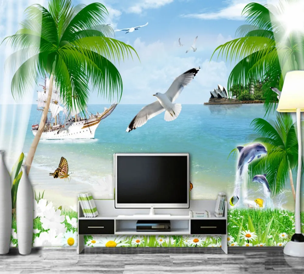 Бесплатная доставка индивидуальный 3D приправа свежий вид на море ТВ диван фон