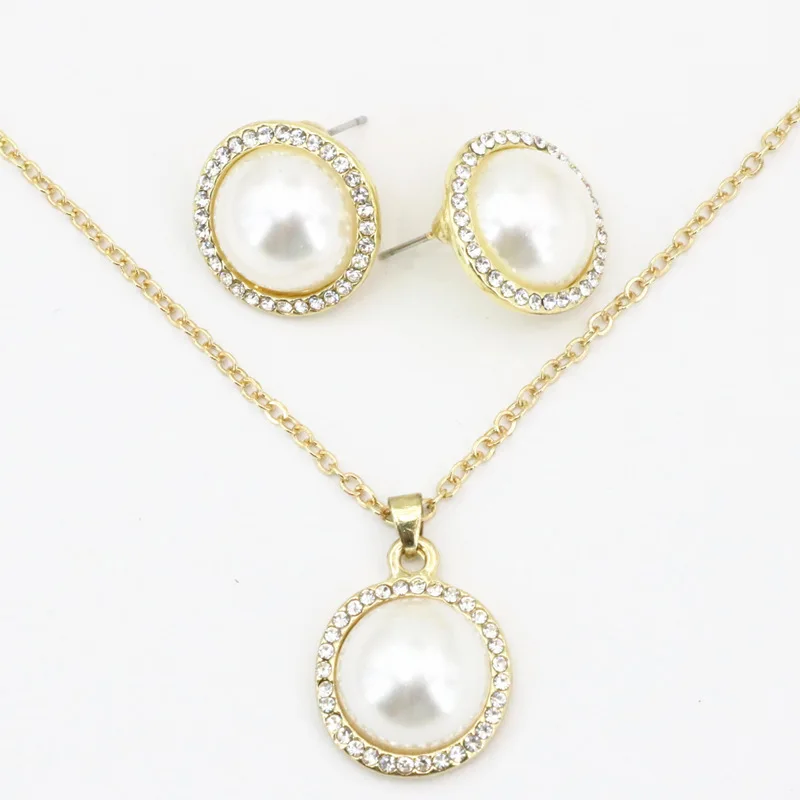 New Women's Round Simulated-Pearl Necklace Stud Earring Jewelry Set Silver-Color Gold Colors Chain Earrings 18inch B3407 | Украшения и