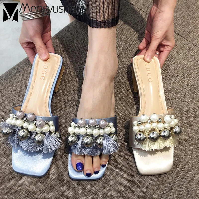 Сандалии из струна бисера женские роскошные шлепанцы на плоской подошве с