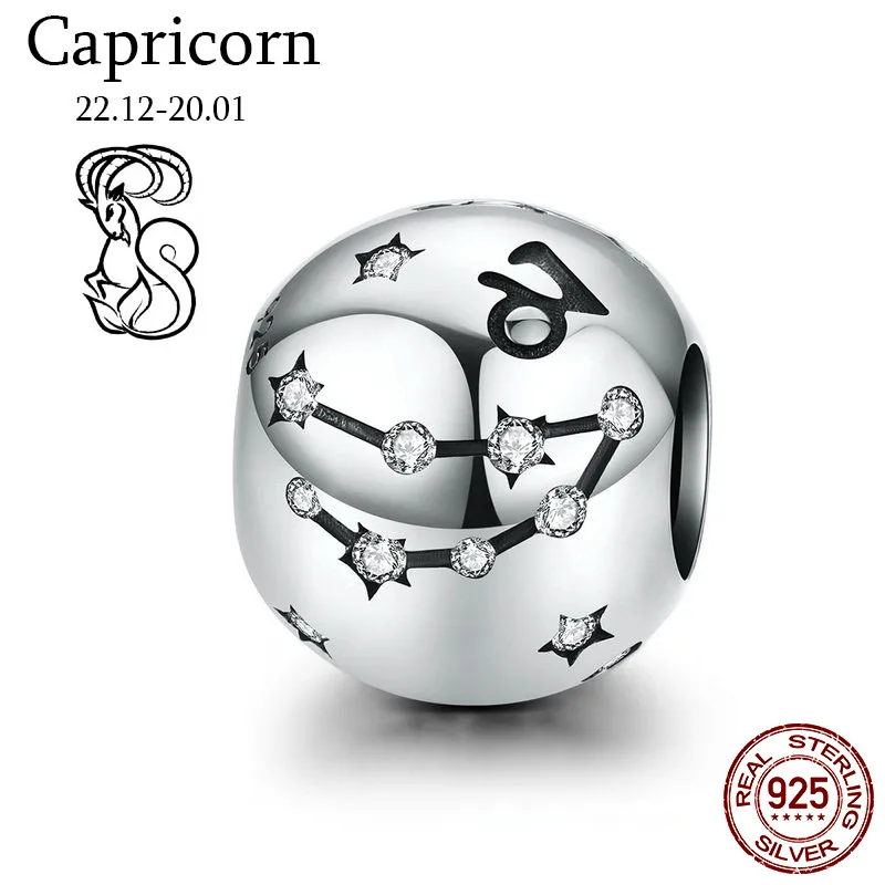 Capricorn-10 Натуральная 925 пробы серебро 12 созвездия зодиака круглые бусины, подходят к оригиналу Pandora, браслет, ювелирные изделия с бриллиантами - Цвет: Capricorn-10