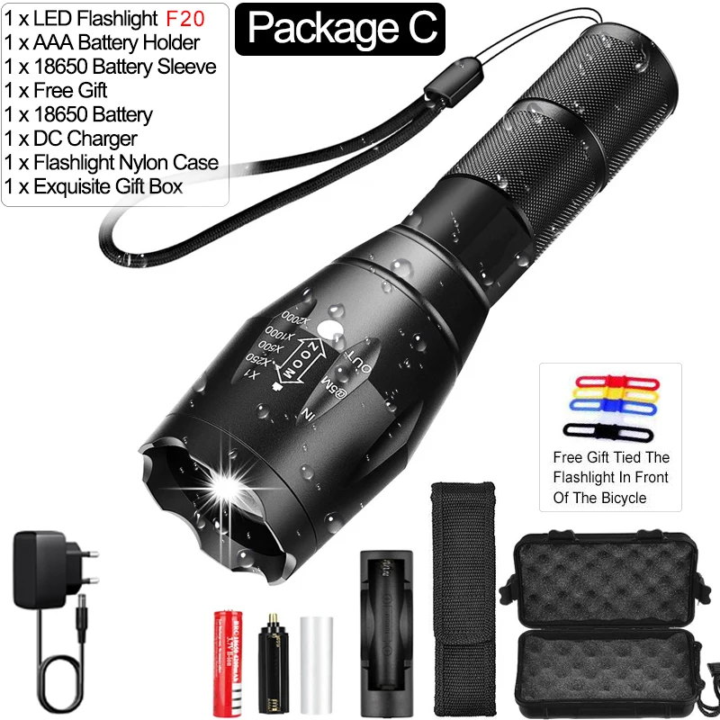 Package C 5000 люмен фонарик лампа супер мощный linterna led zaklamp Zoom СВЕТОДИОДНЫЙ Фонарь xhp50 V6 18650 батарея лучший кемпинг, открытый - Испускаемый цвет: Package C