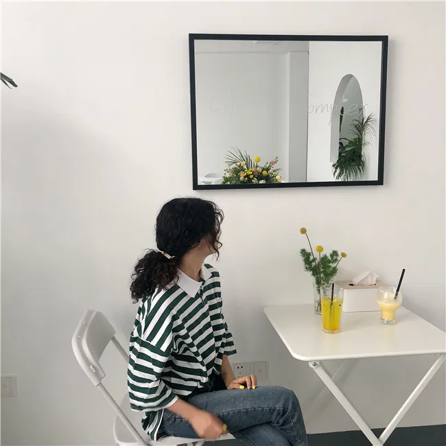 Ulzzang, летняя, с коротким рукавом, с отложным воротником, женская, большой размер, в полоску, свободная, новая, Harajuku, половина, винтажная, хлопковая футболка, топы