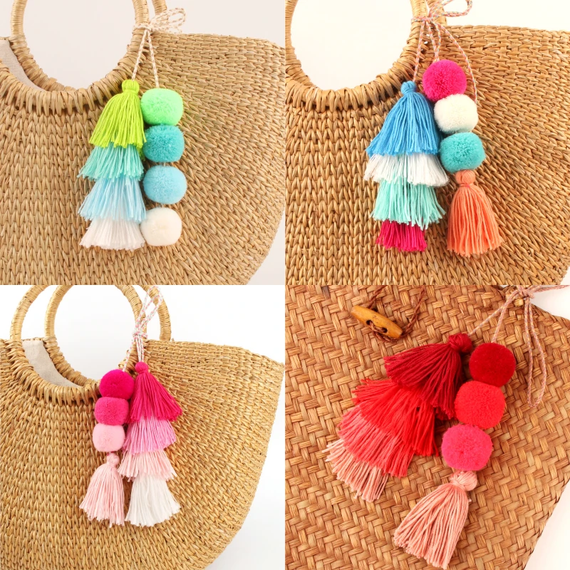 

1Pc Bohemia Colorful Layered Boho Pom Pom Keyring Tassel Bag Car Trinket Rainbow Charm Keychain Accessories Jewelry E2324-E2332