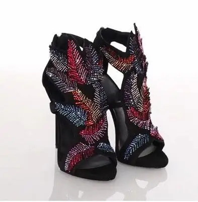 

Amazing Luxury Colorful Crystal Leaf Decor Sandal Women Cut-out Stiletto Heel Ladies Sandals