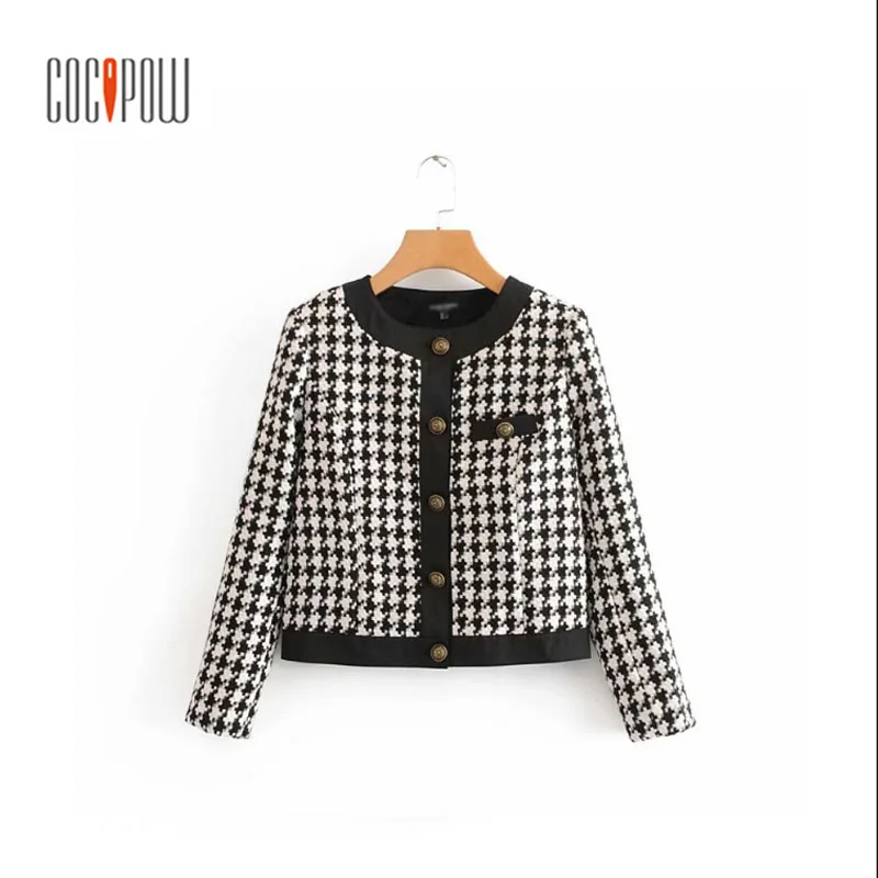 Для женщин O средства ухода за кожей шеи Хаундстут узор пальто кнопка украшенная