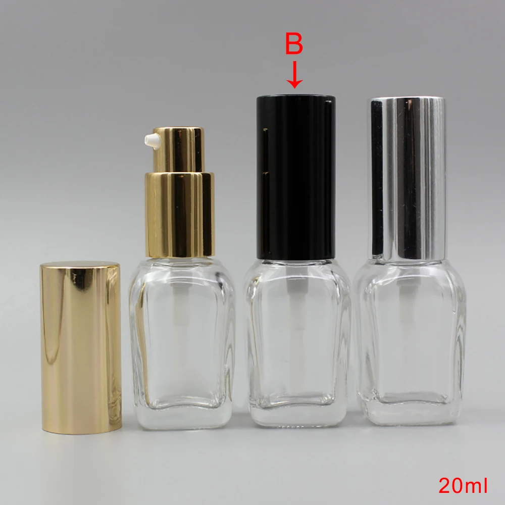 Оптовая продажа 20 мл Квадратные прозрачные стеклянные косметические эфирные