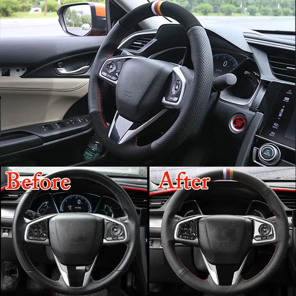 Накладка на рулевое колесо для Honda Civic 2016 2017 2018 защитные красные/черные нитки