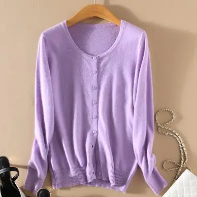 O-neck light purple Осенний и зимний утолщенный кашемировый свитер, женский кардиган с v-образным вырезом и длинными рукавами, короткий свободный Однотонный женский свитер - Цвет: O-neck light purple