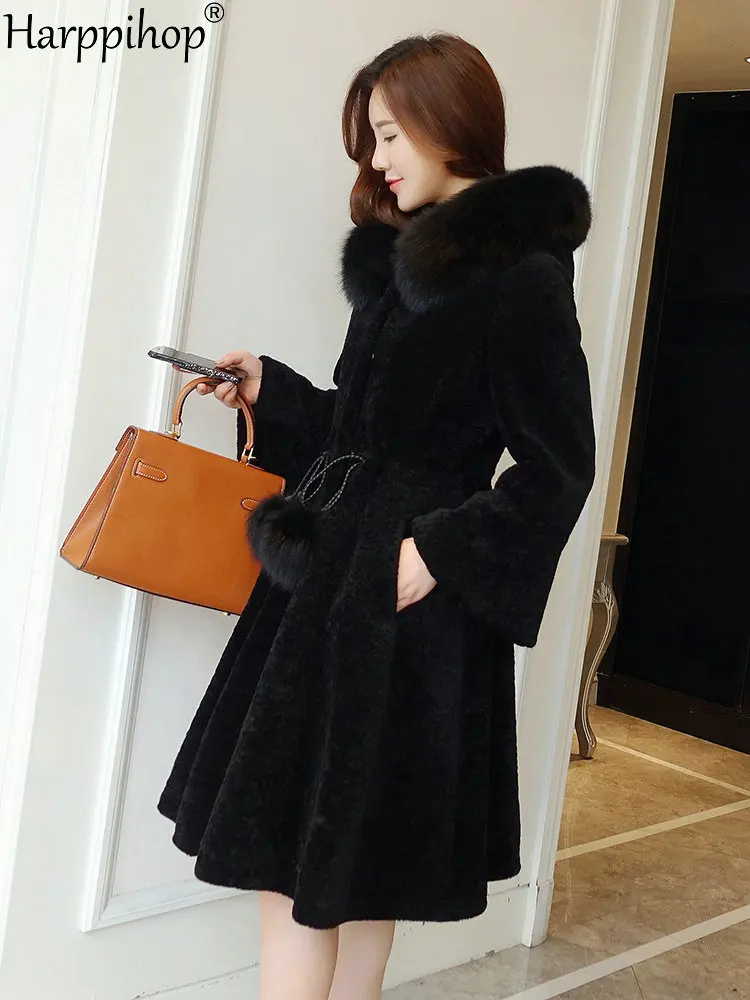 Женское пальто из овчины с капюшоном длинное шерстяное мехом лисы зима 2019|Шубы и