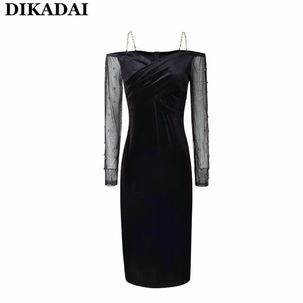 С открытыми плечами Спагетти ремень Bodycon платье Для женщин Бисер Винтаж черный по