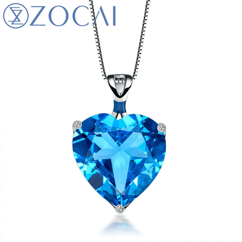 ZOCAI АВРОРА 8 0 CT Сертифицированный кулон в форме сердца с голубым топазом 9K белое