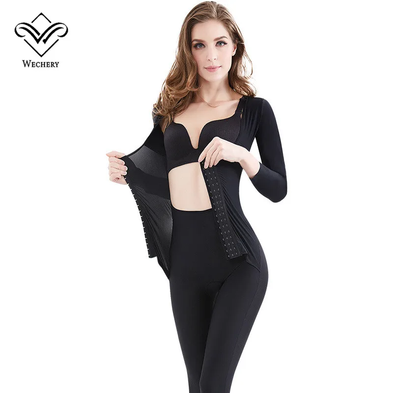 black Wechery, новинка, Корректирующее белье, женское, для похудения, полная длина, боди с длинным рукавом, Faja, женское корректирующее белье размера плюс, нижнее белье для женщин - Цвет: black