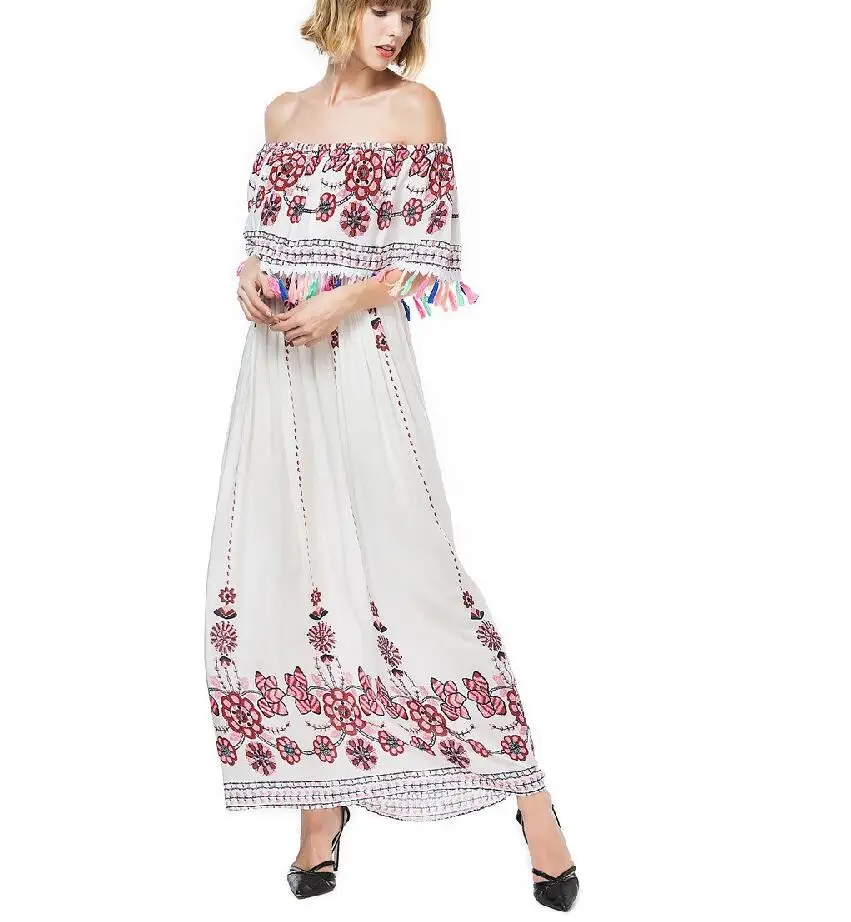 Boho Women Long Dress Elegant Vintage Flower Print Sexy Shift Tie Sleeve Bardot Off Shoulder Casual Party Maxi | Женская одежда