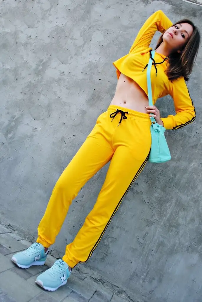Jo Kalin 2018 New Fashion 2 Piece Clothing Set Women Yellow Crop Top And Pants Suit ladies Sexy Leisure Two Tracksuit | Женская одежда