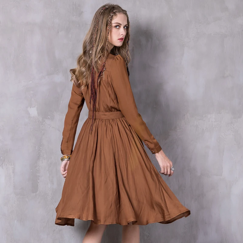 Платье женское из полиэстера и хлопка а силуэта с поясом стоячим воротником|vestido