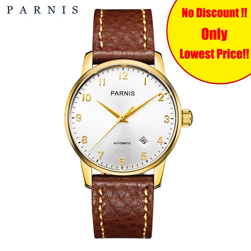 

36mm Parnis Men Mechanical Watches Genuine Brown Leather Sapphire Gold Case Men's Automatic Self Winding Wrist Watch Man Clock