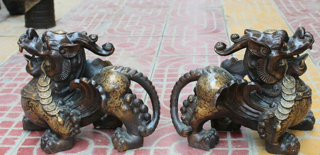 huij 006924 14 Chinese Bronze Feng Shui Wealth Unicorn Beast Pi Xiu Sculpture Statue Pair |