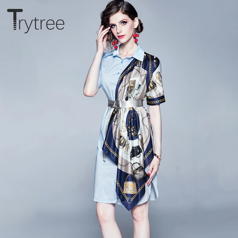 Trytree 2020 летнее женское платье повседневное с отложным воротником и поясом