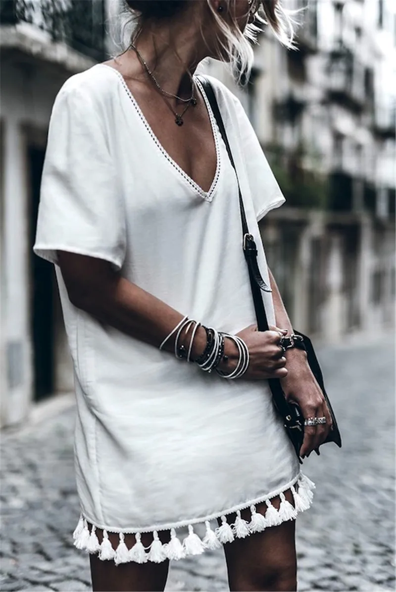 AEL V-Neck Short Sleeve Loose Blouse 2017 Summer Women Shirt Casual Fashion Tassels Ladies Elegant Slim Whiter Tops Clothing