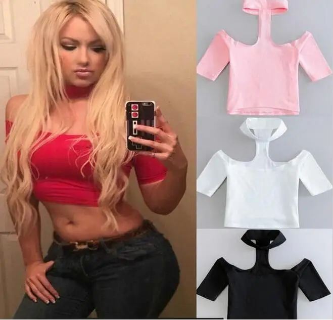 Новинка 2017 укороченная Футболка чокер с короткими рукавами и лямкой на шее