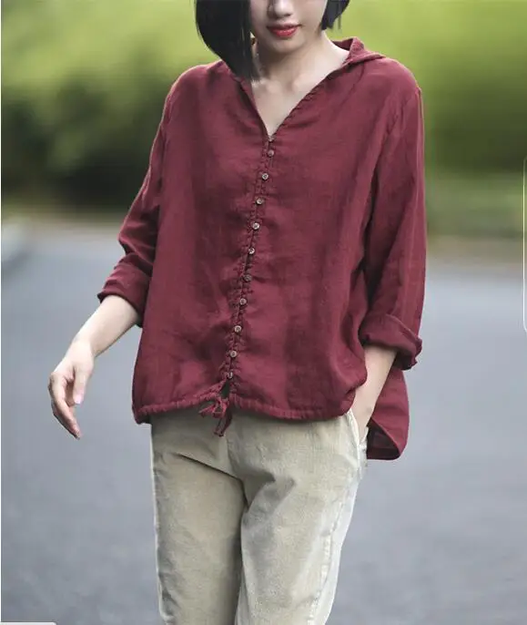 Women Linen Hooded Shirts Flax Long Sleeve Summer Casual Top Coat tshirt