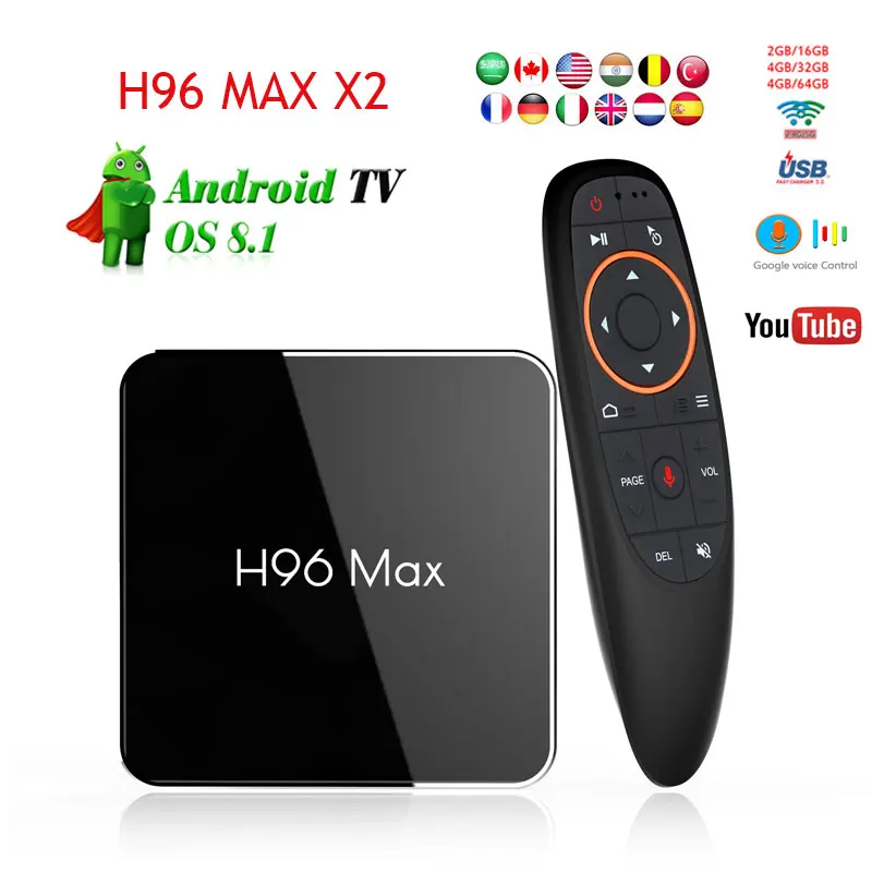 ТВ приставка H96 Max X2 Android 8 1 Amlogic S905X2 4 ГБ 32 2 4G/5 8G WIFI USB3.0 HDMI H. 265 4K Smart Media Player Голосовое