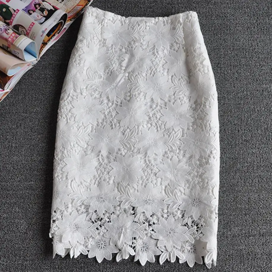 Женская кружевная юбка-карандаш белая ажурная юбка с высокой талией и разрезом