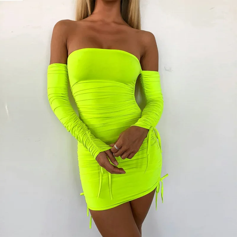 Neon green BOOFEENAA неоновое зеленое платье с рюшами и длинными рукавами, облегающее платье, сексуальные платья, вечерние платья для ночного клуба, осень, C66-AC32 - Цвет: Neon green