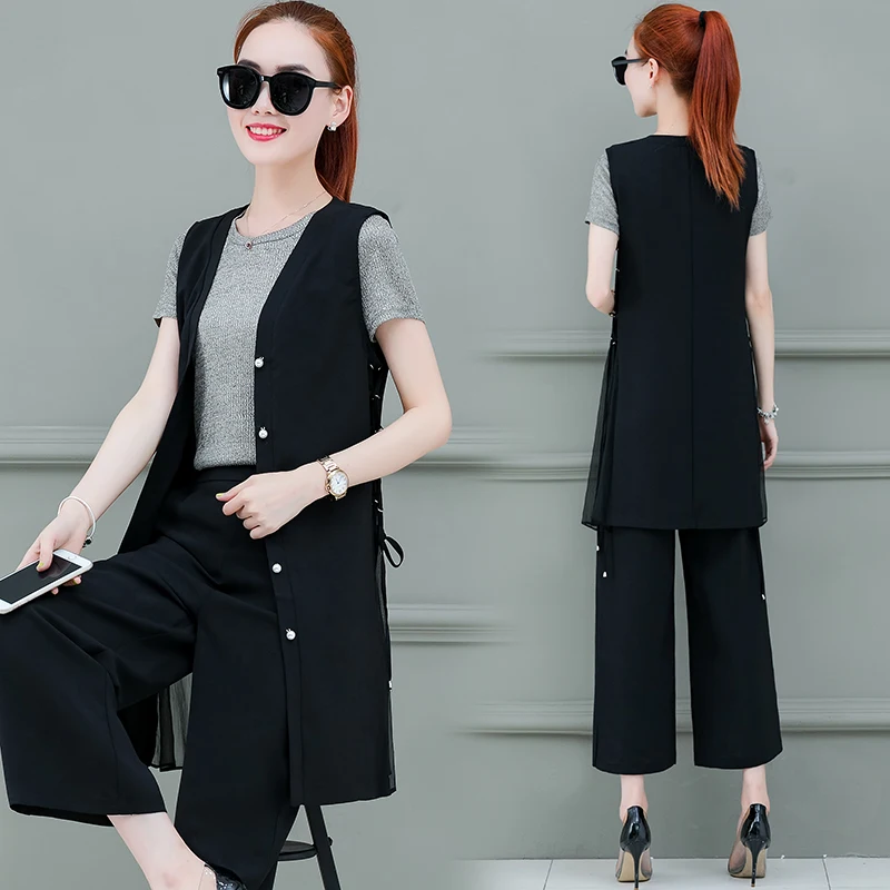

In Fashion Women T Shirt Vest Wide-Legged Pants Suit Summer New Three-Piece Clothing Set Loose Outfit Casual Vestido Plus Size
