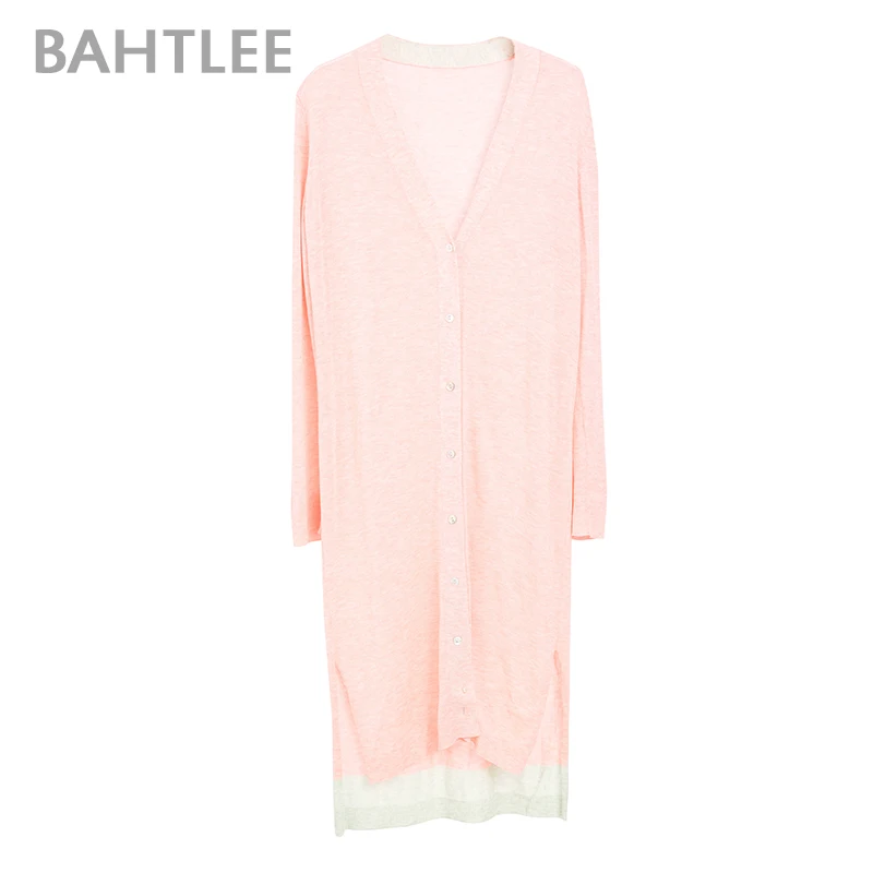 Pink BAHTLEE весна женское пальто из тенселя вязаный длинный кардиган свитер Анти-ультрафиолетовый v-образный вырез с длинными рукавами шерстяной тонкий светильник на пуговицах - Цвет: Pink