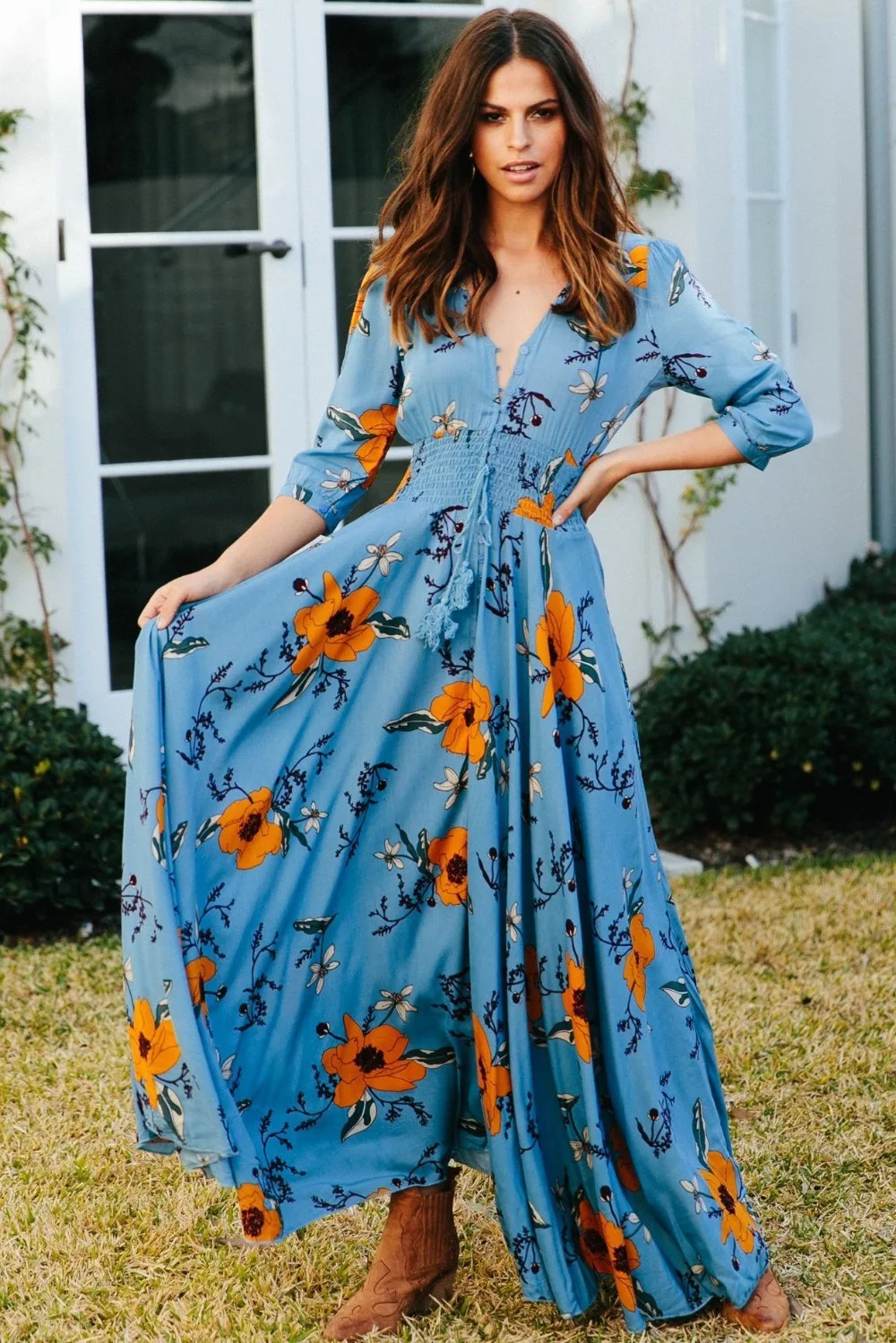 

2019 SELLWORLDER Elastic waist floral Print Bohemian V-neck Button Large Sleeve Woman Long Dress