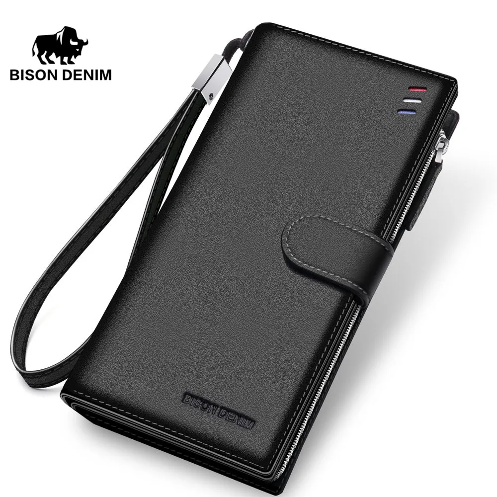 Бренд BISON DENIM, мужские кошельки, натуральная кожа, длинный клатч на молнии, кошелек, большая емкость, держатель для карт, кошелек