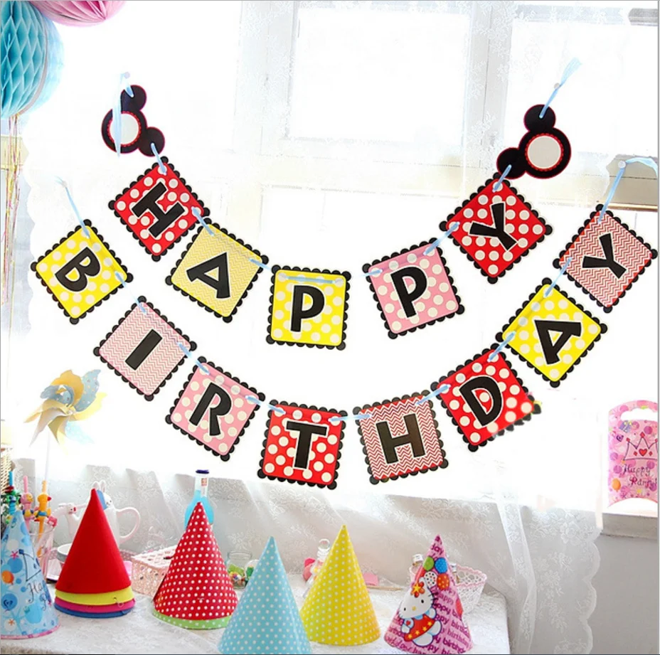 3 м с мультипликационным принтом Микки День рождения Бумага флаги для украшения