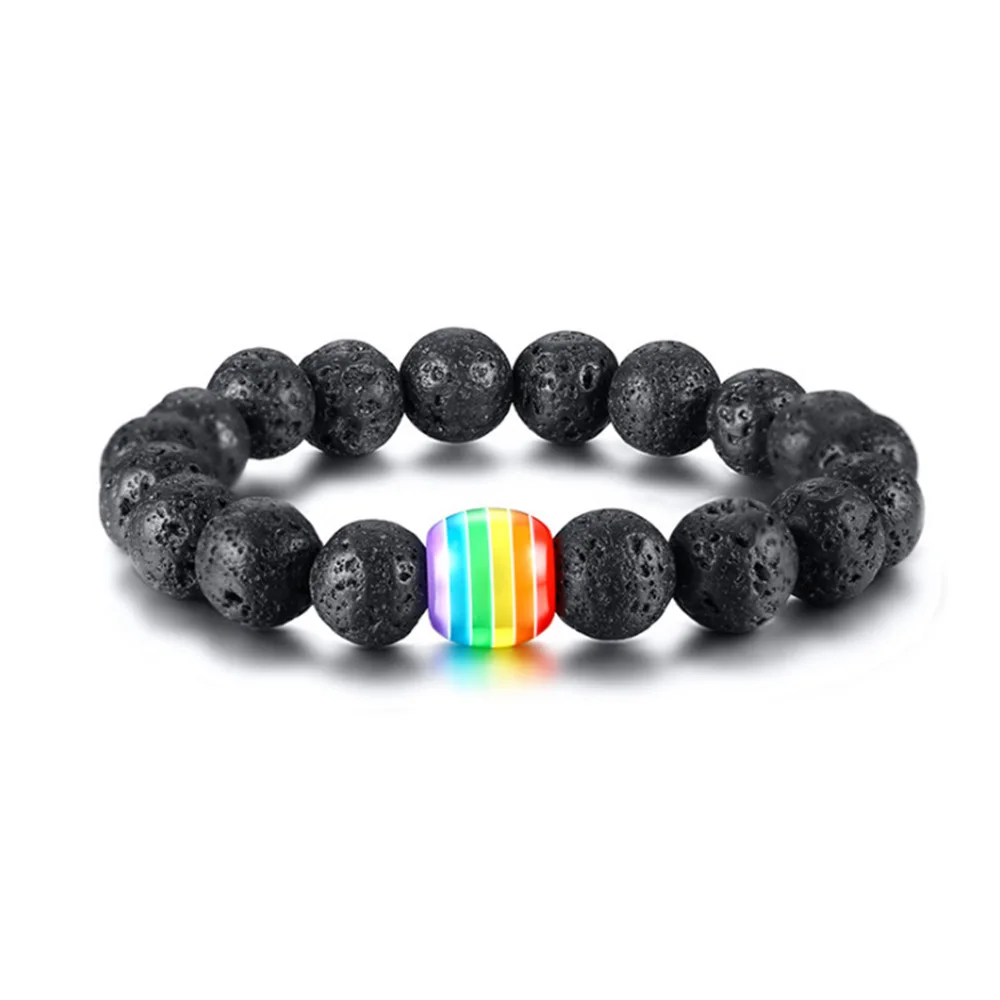 Лава камень бисера эластичный браслет для мужчин Strand браслеты Радужный шарм