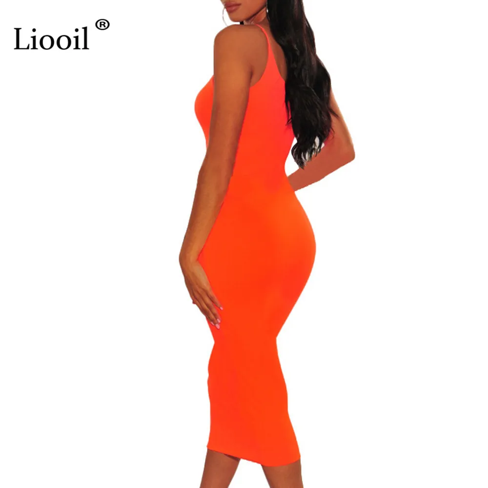 Liooil неоновый оранжевый зеленый спагетти ремень миди Bodycon женское платье новое поступление летние сексуальные платья вечерние платья для ночного клуба