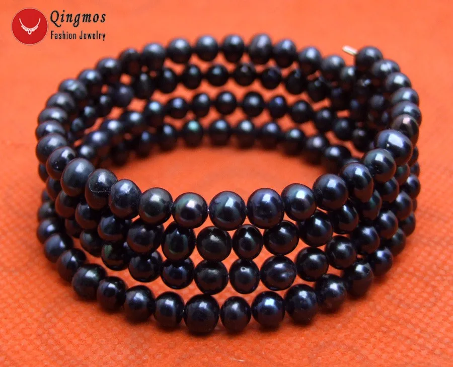 Qingmos Trendy Natural Pearl Bracelets for Women with 4-5mm Round Black Steel Wire Wrap Bracelet Fine Jewelry 28'' bra446 |