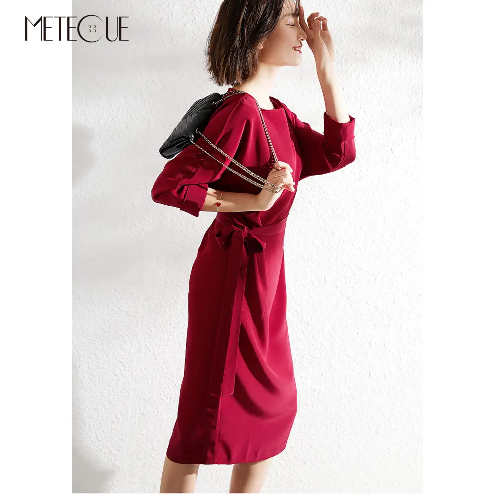 Офисная Леди Slash шеи миди платье с поясом 2019 весна лето мода седьмой рукав Миди