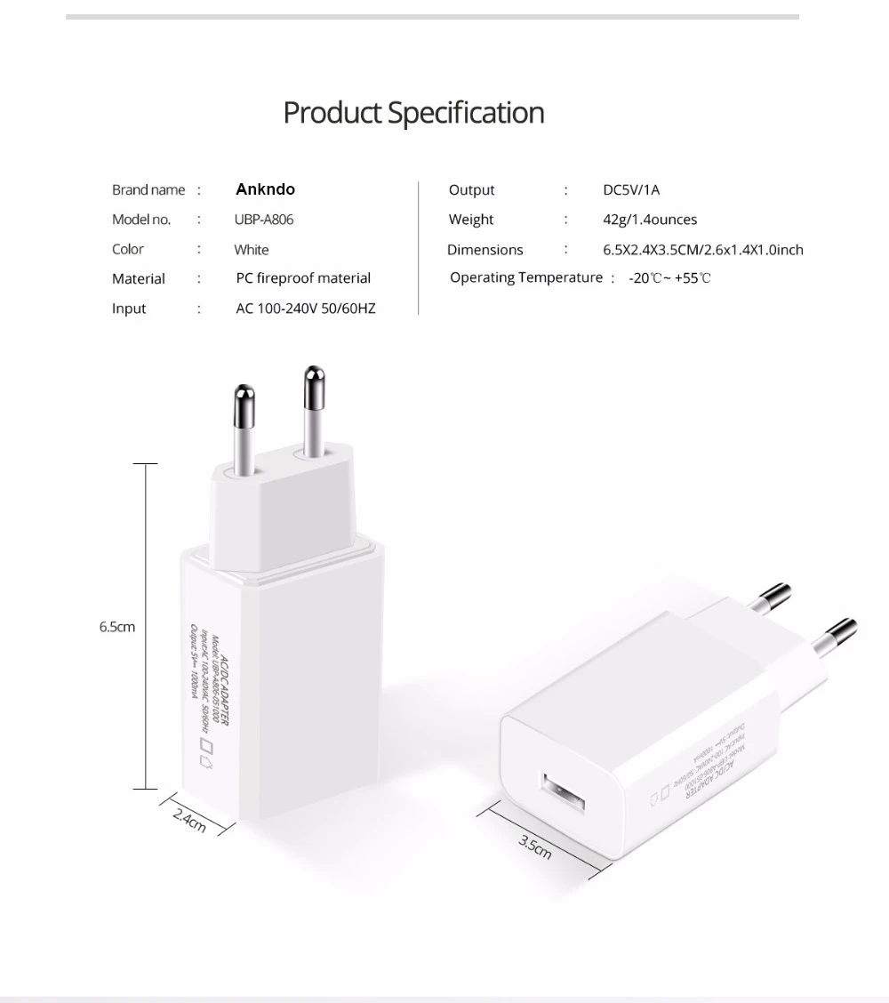 Ankndo Mini USB зарядное устройство для телефона 5 в 1 а быстрое зарядное устройство портативное зарядное устройство USB для путешествий 5 Вт адаптер EU Универсальное зарядное устройство USB адаптер питания