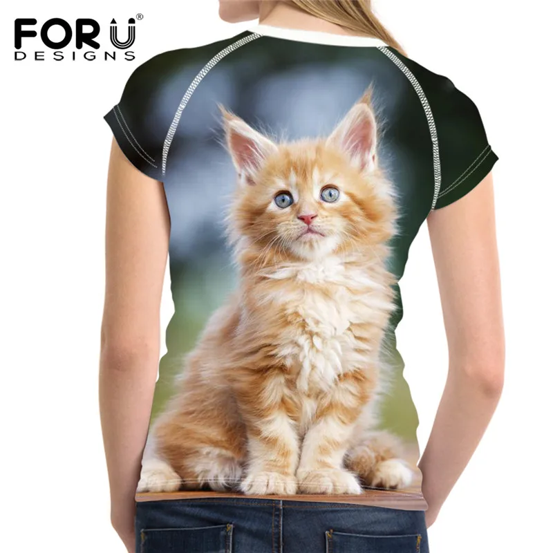 FORUDESIGNS/летние дышащие женские футболки с милым рисунком кота коротким рукавом
