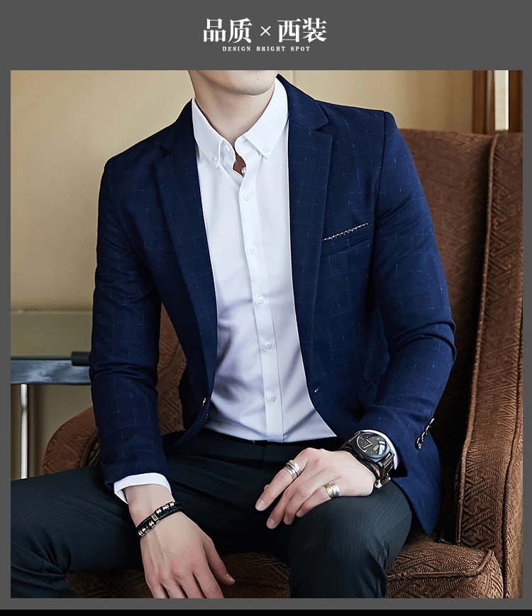 Plaid Check Blazer Men Gold Yarn Spring Autumn Blazer Masculino Slim Fit Chaquetas Hombre De Vestir Mens Vintage Blazer