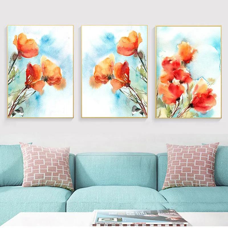 Оранжевые цветы Печать Акварельная живопись абстрактные цветочные стены