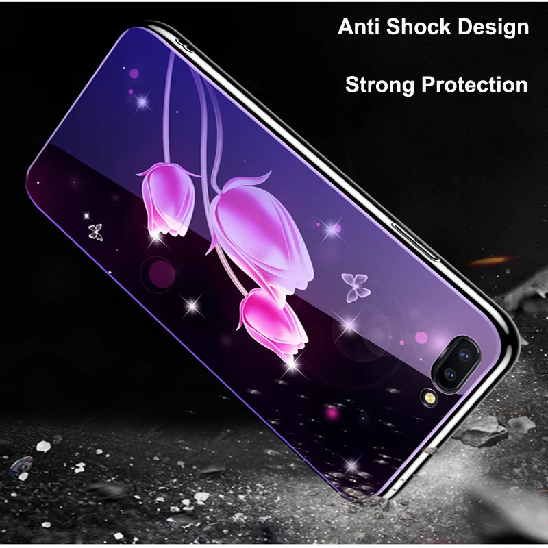 Для OPPO A3S чехол с цветком мультяшный синий закаленное стекло задняя крышка для