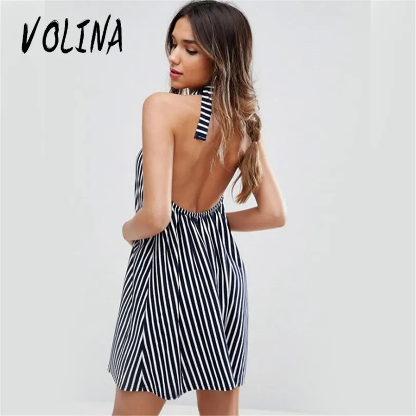 Volina 2017 casual dress striped для женщин платья без рукавов холтер мода с плеча vestidos