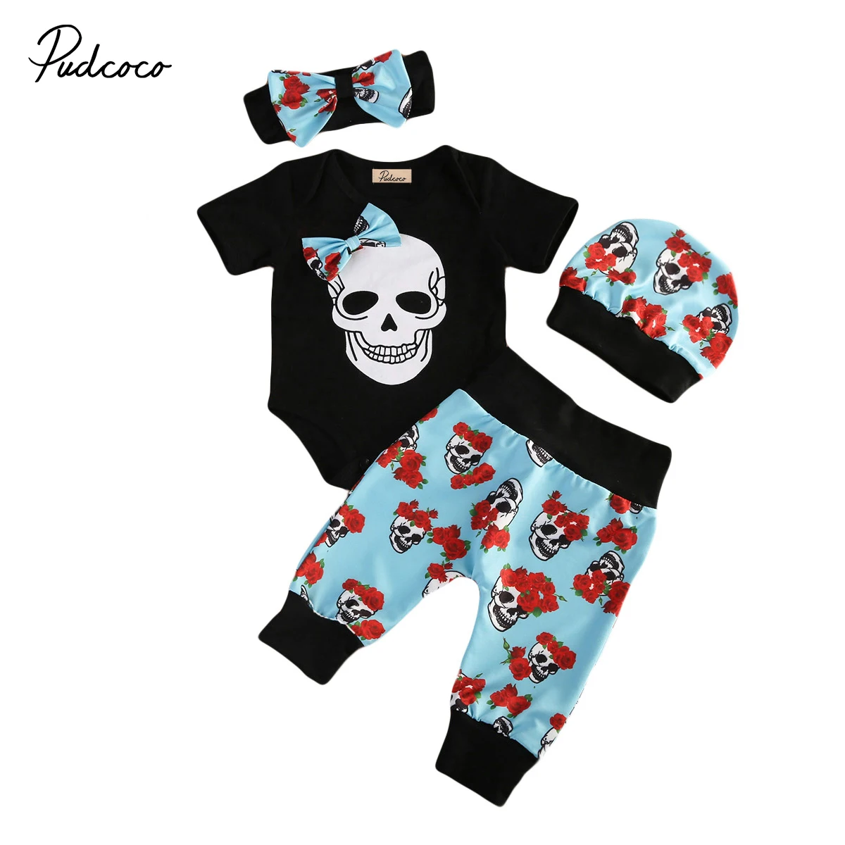 

4pcs Kids Baby Boy Halloween Skull Clothes Short Sleeve Cotton Romper Jumpsuit Blue Print Pants Headband Hat Outfit Set Clothing