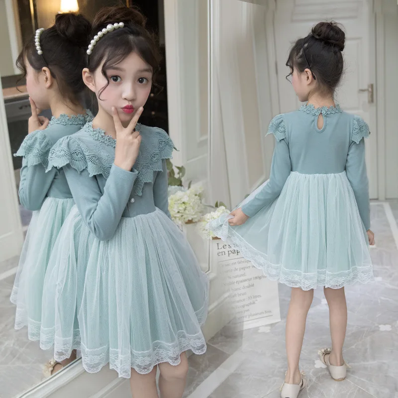 Kids Baby Dress Spring Princess Lace Dresses for Teenage Girls 2019 Solid Color Long Sleeve Patchwork Clothes Children Clothing | Детская